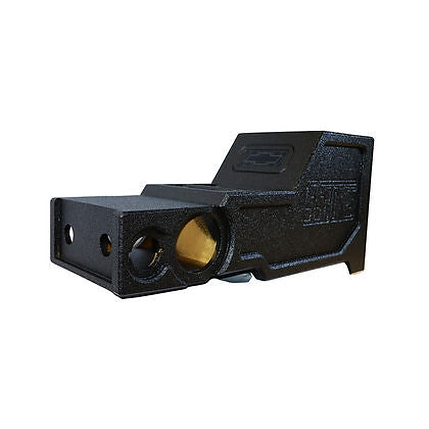 Elite Audio 2007 to 2012 Chevy Tahoe custom center console enclosure, angled front view with subwoofer cutout and logo badge