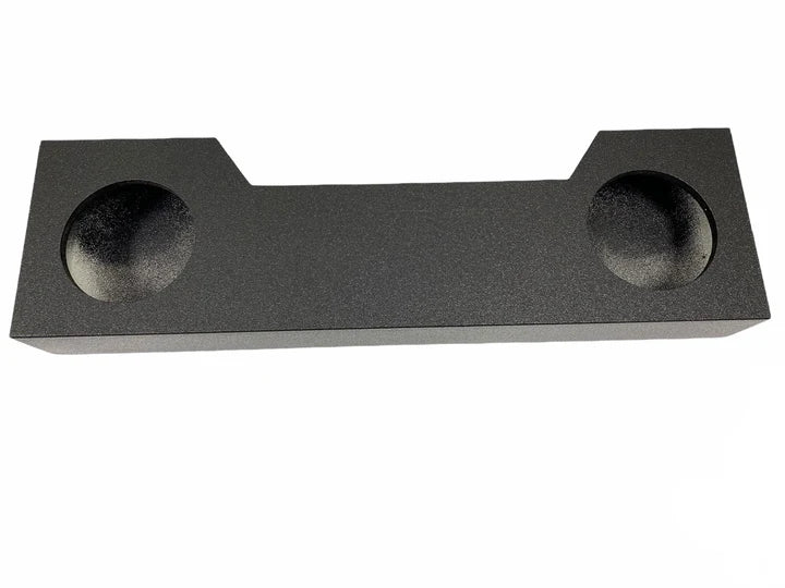 A black Dodge RAM 2019+ Crew Cab dual 10-inch sealed subwoofer box with a bed liner spray finish.