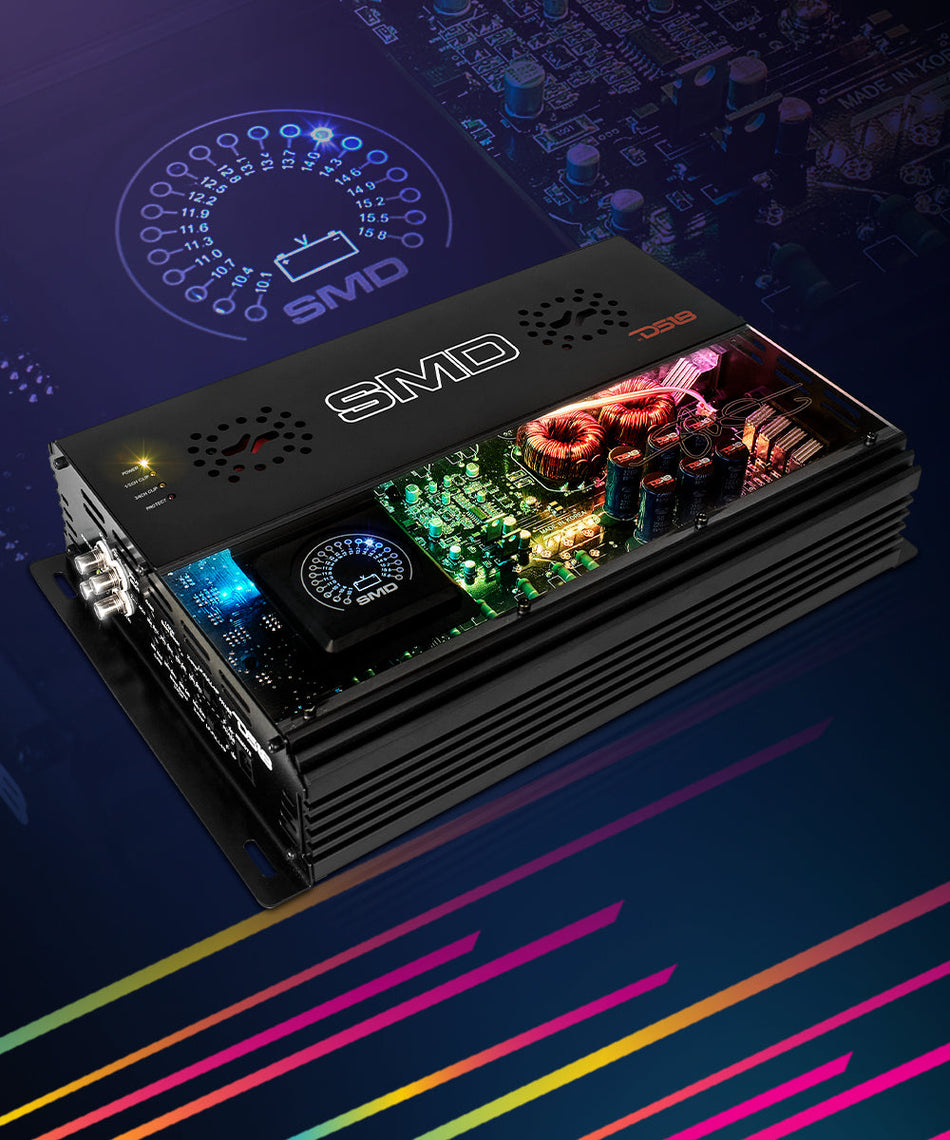 SMD 4-Channel Class AB Amplifier with VM-1 Voltmeter and Digital LED Lights 4 x 300W at 2-Ohm - Steve Meade Designs