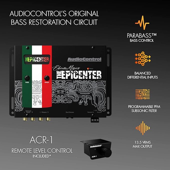 AudioControl EPICENTER Mexico Edition, front view with feature icons and included remote control