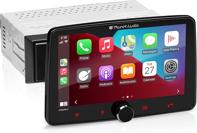 Planet Audio P70CPA-F Car Stereo - Apple CarPlay, Android Auto, Single Din, 7 Inch Touchscreen, Bluetooth, No CD DVD Player, AM/FM Radio Receiver