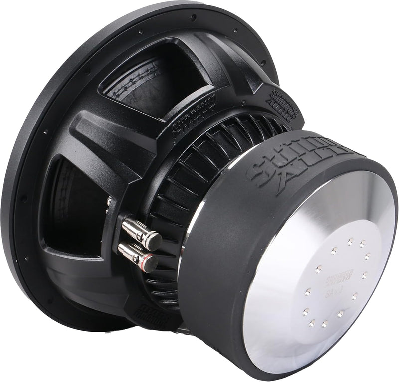 Sundown Audio SA-15 V3 subwoofer, angled rear view showing magnet and mirrored back plate