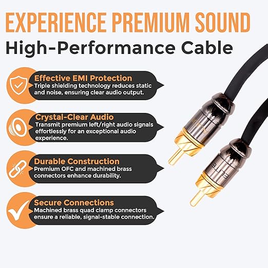 Elite Audio  17ft RCA Audio Cable – Dual Channel, Oxygen-Free Copper, Triple Shielded, Brass Connectors