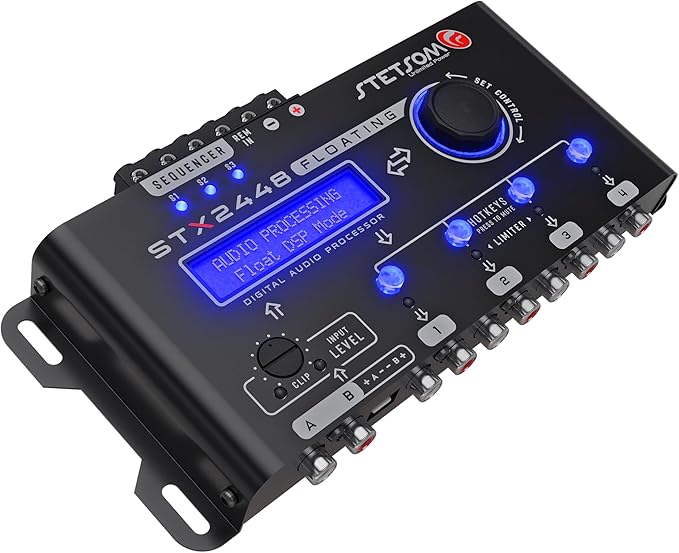 Stetsom STX 2448, diagonal top view highlighting knob, display and mounting tabs