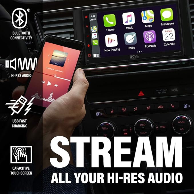 BOSS Audio Systems Elite BV850ACP Car Multimedia Player with Apple CarPlay-Android Auto - Double Din, 6.75 Inch LCD Capacitive Touchscreen, Bluetooth, USB, AM/FM, No CD/DVD, Rear Camera Included