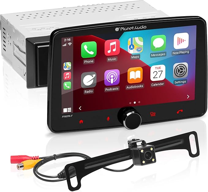 Planet Audio P70CPA-CF Car Stereo - Apple CarPlay, Android Auto, Single Din, 7 Inch Touchscreen, Bluetooth, No CD DVD Player, AM/FM Radio Receiver, Backup Camera