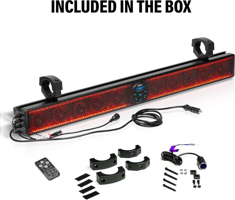 Boss Audio BRT37SLR sound bar, angled view with red lighting and included accessories laid out below