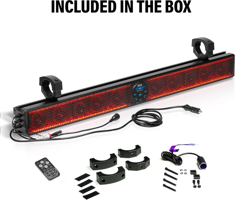 Boss Audio BRT37SLR sound bar, angled view with red lighting and included accessories laid out below