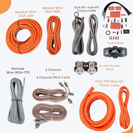 Elite Audio PRMK0-DUAL, labeled layout of speaker wire, ground cable, RCA cable and fuse holder components