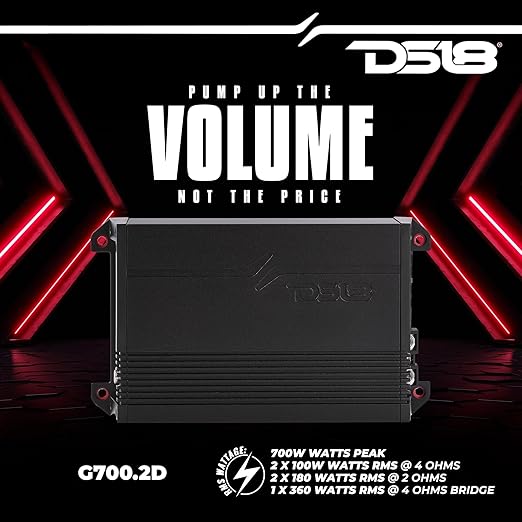 DS18 G700.2D Full-Range Class D 2-Channel Amplifier 700 Watts Max Power 2 Ohm Stable, Bridgeable at 4 Ohm - Low/High Level Inputs - Small and Powerful Car Amplifier for Stereo Sound Systems