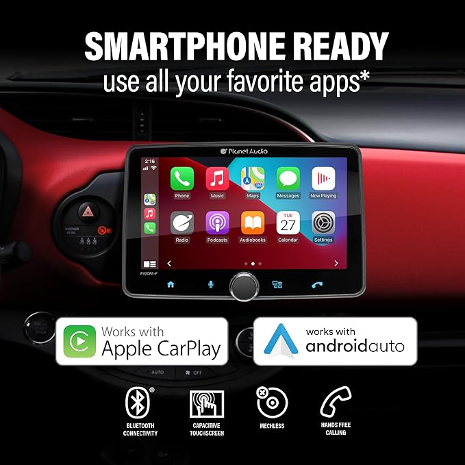 Planet Audio P70CPA-CF Car Stereo - Apple CarPlay, Android Auto, Single Din, 7 Inch Touchscreen, Bluetooth, No CD DVD Player, AM/FM Radio Receiver, Backup Camera