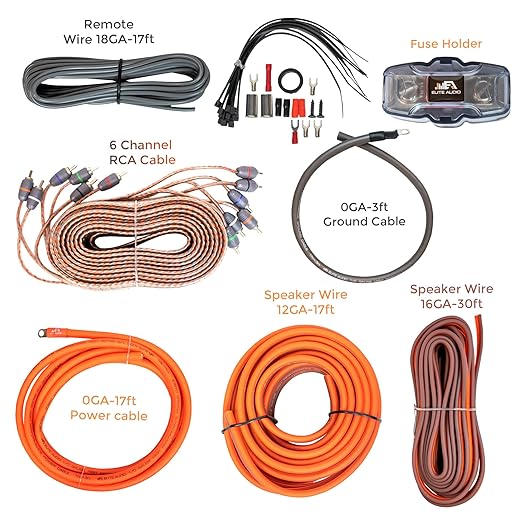 Elite Audio PRMK0-5CH kit components laid out, cables, fuse holder, terminals and wire spools