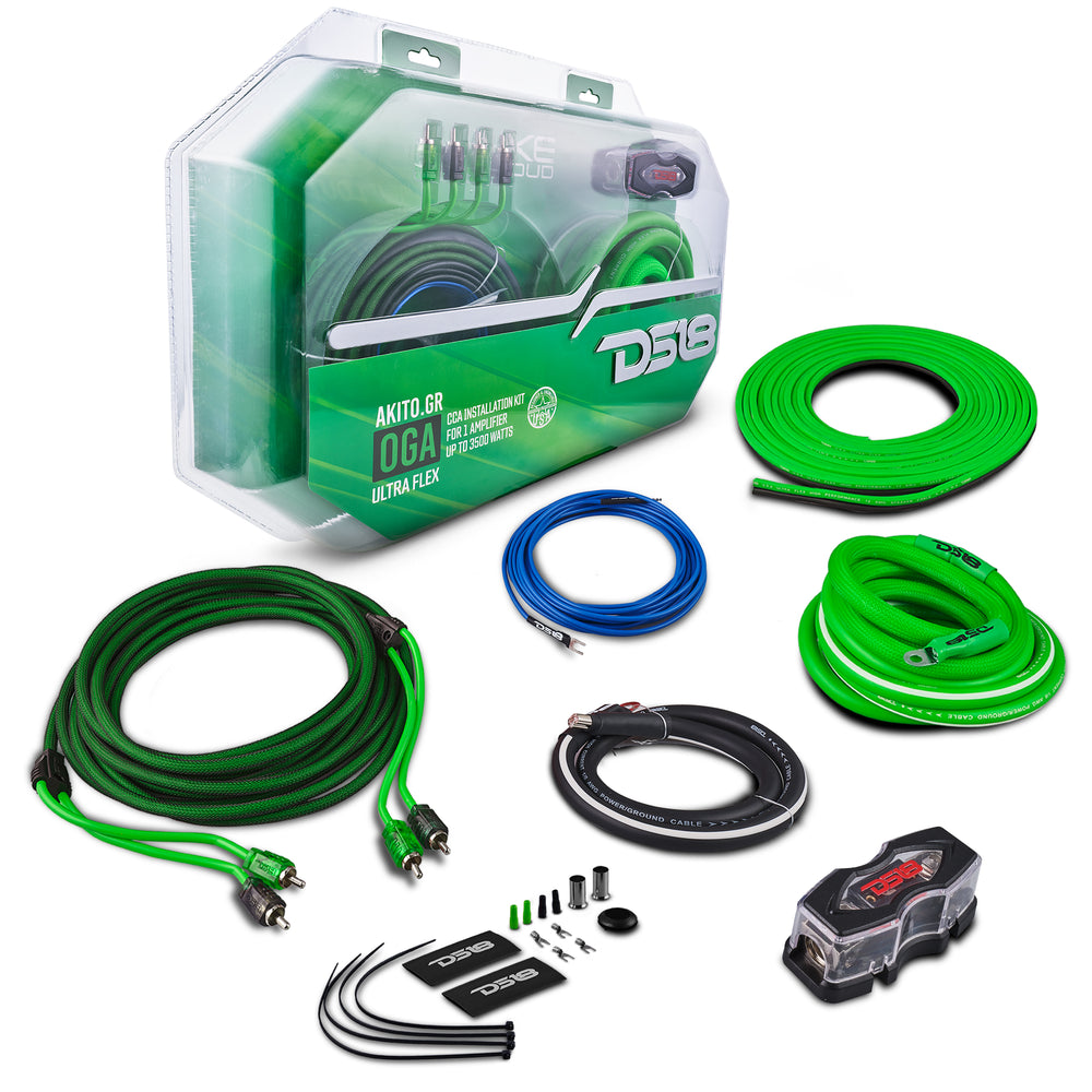 DS18 AKITO.GR 0-Gauge Amplifier Wiring Kit – Green, Heavy Duty Car & M ...