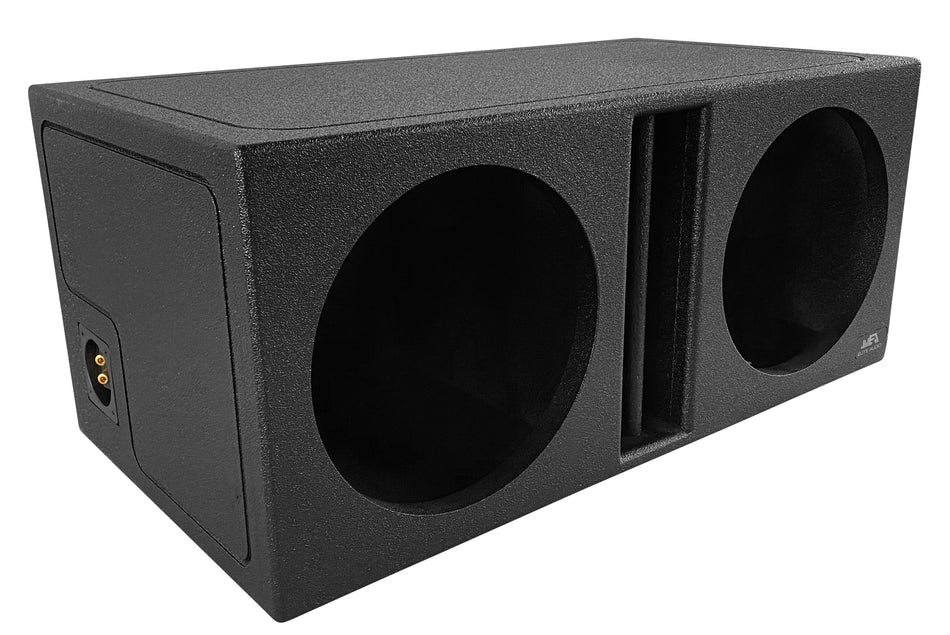 Elite Audio EBOX-BLVD12CP Center-Split Vented Dual 12” Subwoofer Enclosure - Polyurethane Bed Liner Finish, 3/4” MDF with 1” Front Baffle, Pro-Tuned Ports, High-Current Terminals for Deep Bass & Superior Sound Quality