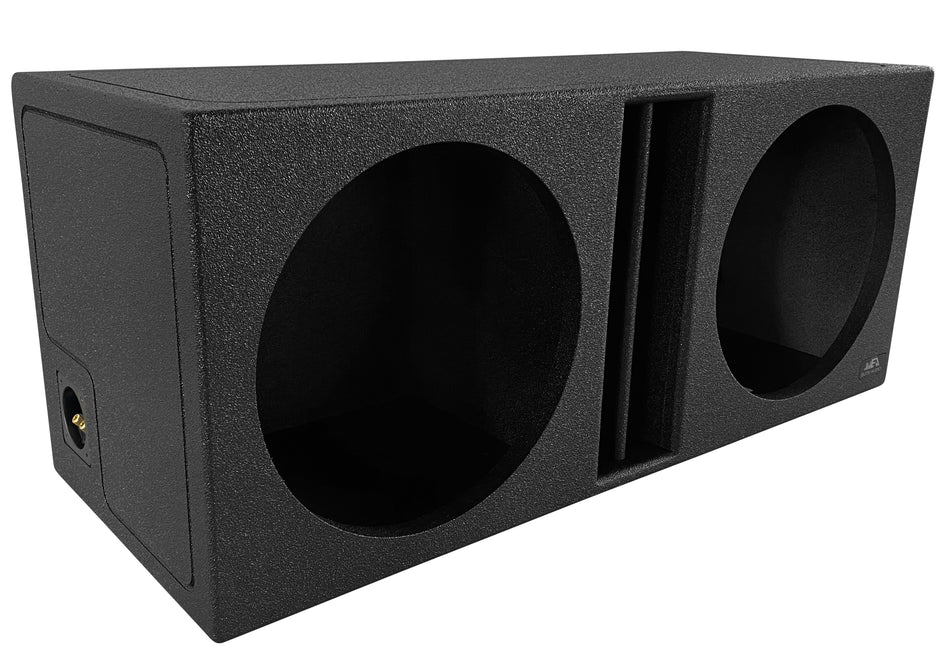 Elite Audio EBOX-BLVD15CP Center-Split Vented Dual 15” Subwoofer Enclosure - Polyurethane Bed Liner Finish, 3/4” MDF with 1” Front Baffle, Pro-Tuned Ports, High-Current Terminals for Deep Bass & Premium Sound Quality