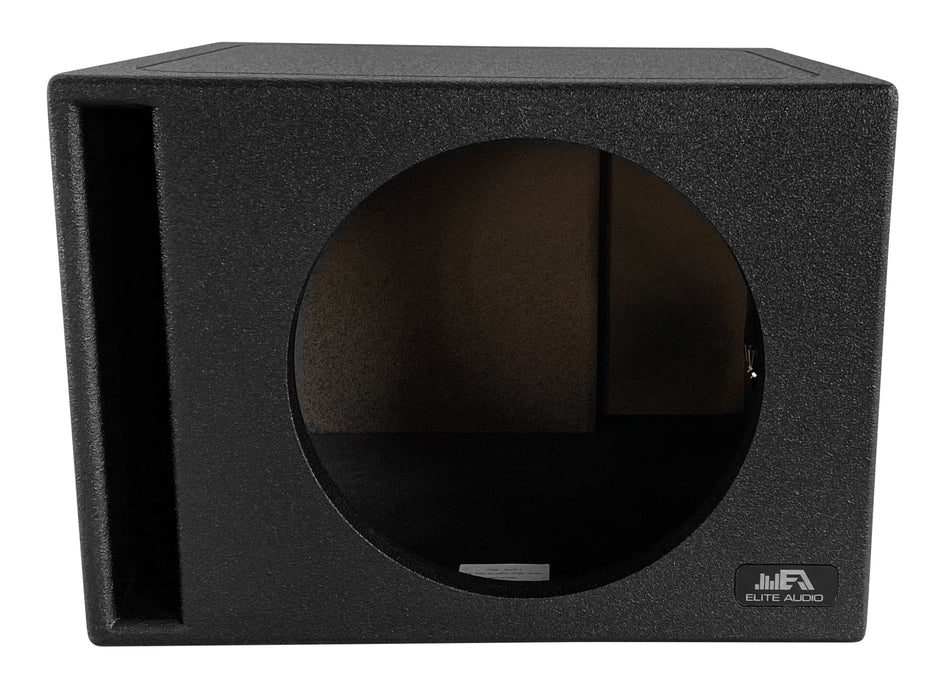 Elite Audio EBOX-BLVS12 Vented Single 12” Subwoofer Enclosure - Polyurethane Bed Liner Finish, 3/4” MDF with 1” Front Baffle, Pro-Tuned Ports, High-Current Terminals for Powerful Bass & Superior Sound Quality