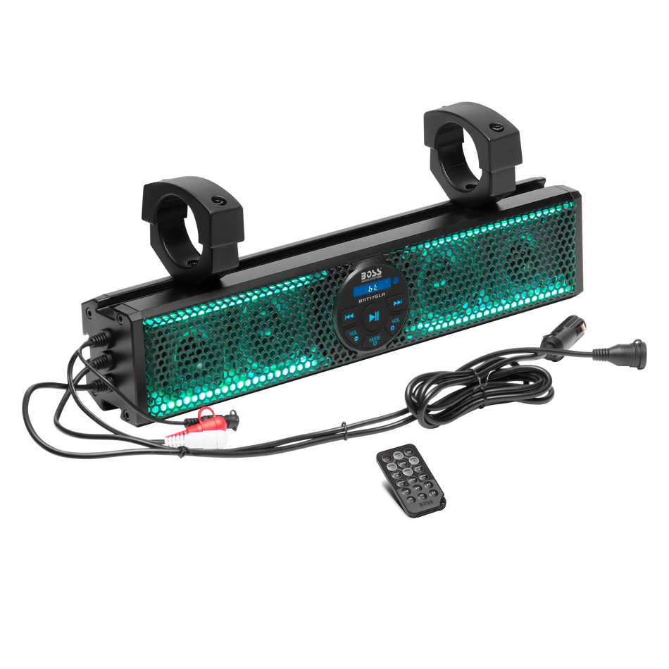 Boss Audio BOSS-BRT17SLR BOSS Audio Systems BRT17SLR ATV UTV Sound Bar Speaker System - 17 Inches Wide, IPX5 Rated Weatherproof, Bluetooth Audio, Amplified, 3 inch Speakers, 1 Inch Tweeters, USB Port, Multicolor Illumination