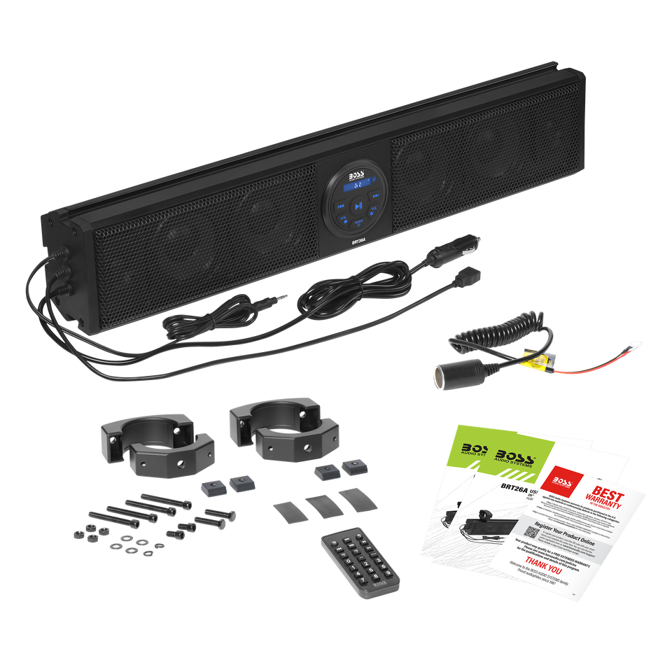 Boss Audio BOSS-BRT26A BOSS Audio Systems BRT26A ATV UTV Sound Bar - 26 Inch Wide, IPX5 Rated Weatherproof, Bluetooth, Amplified, 4 Inch Speakers, Soft Dome Tweeters, Easy Installation for Dune Buggies, Jeeps, Rock Crawlers