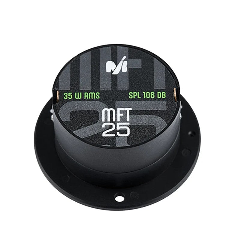 Deaf Bonce MFT-25 Machete Tweeter, front view showing label, wattage and SPL markings on housing