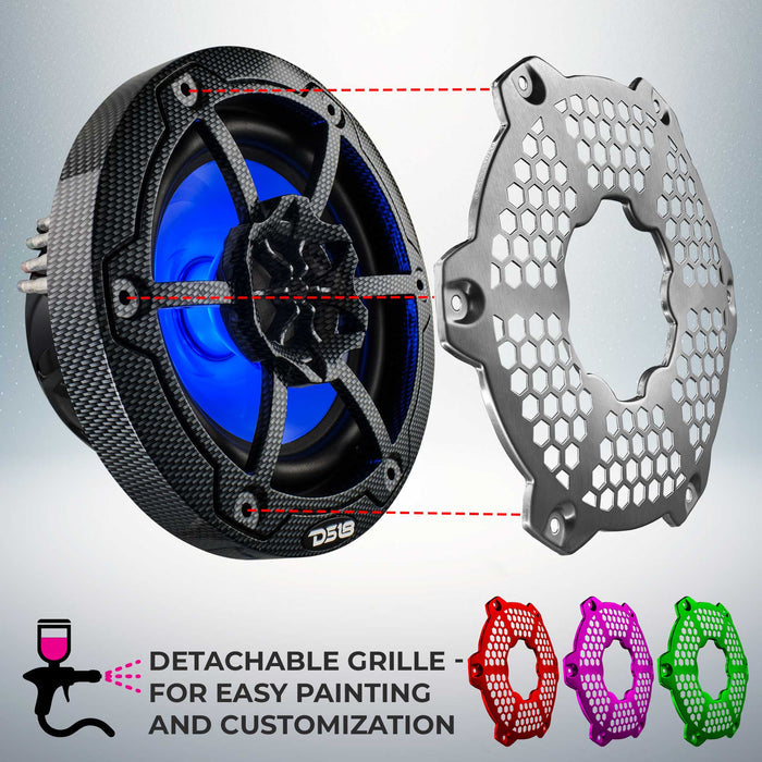 DS18 NXL 6.5” Marine Coaxial Speaker – RGB LED, 100W RMS, 4-Ohm, Black Carbon Fibe