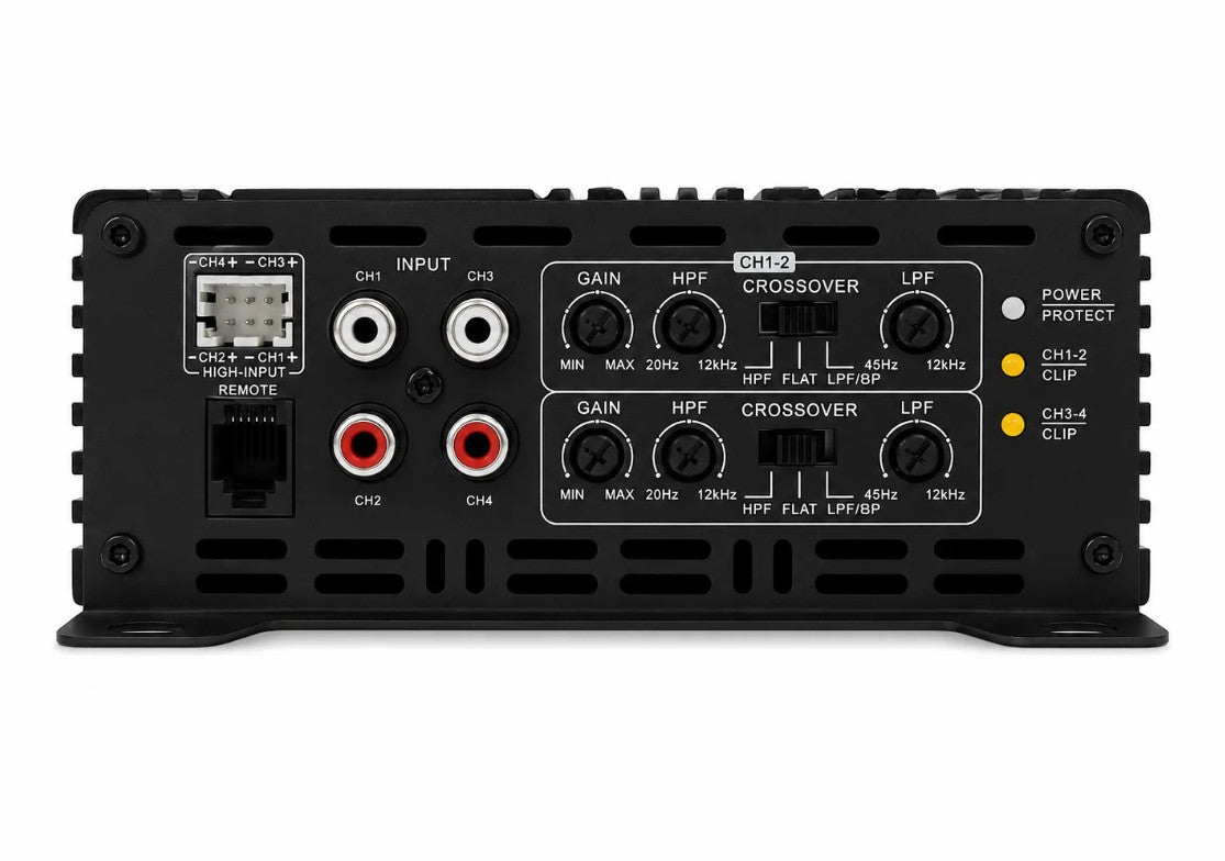 Apocalypse ATOM-400.4 PRO, rear panel with input terminals, gain knobs and crossover controls