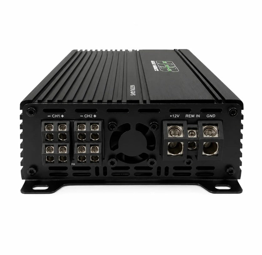 Apocalypse ATOM-400.4 PRO, front view showing power terminals, cooling fan and channel connectors