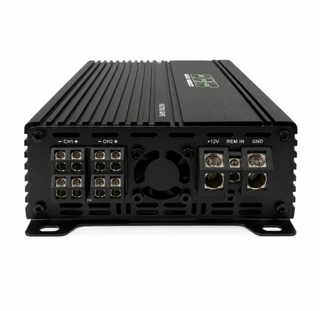 Apocalypse ATOM-400.4 PRO, front view showing power terminals, cooling fan and channel connectors