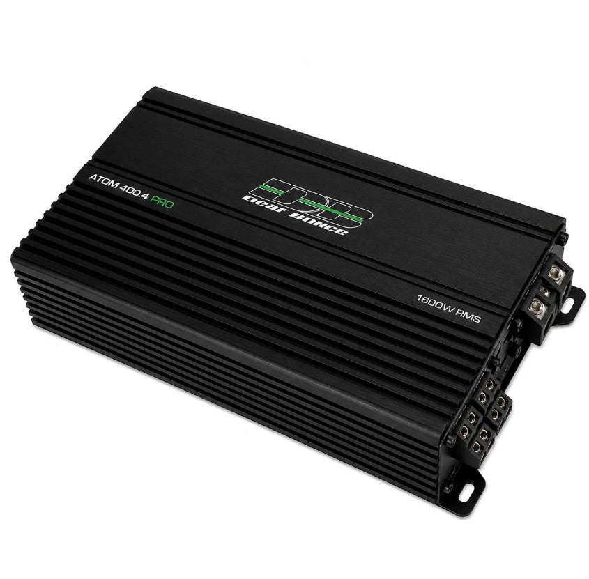 Apocalypse ATOM-400.4 PRO, angled view showing heatsink, logo and side terminal connectors