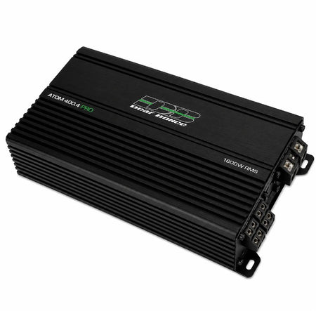 Apocalypse ATOM-400.4 PRO, angled view showing heatsink, logo and side terminal connectors