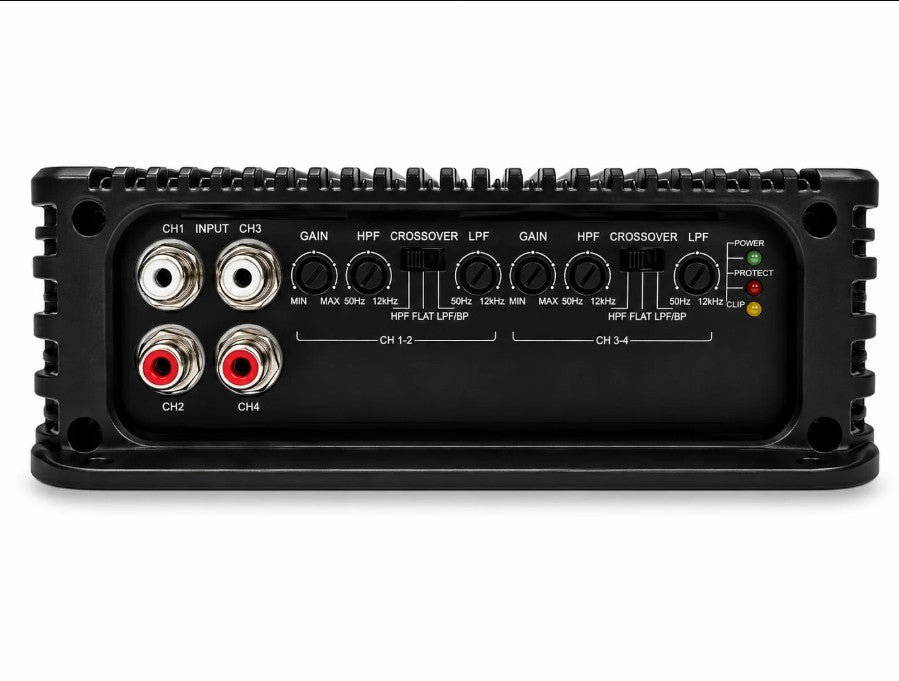 Machete Fight 200.4 amplifier, front view showing RCA inputs, gain and crossover controls
