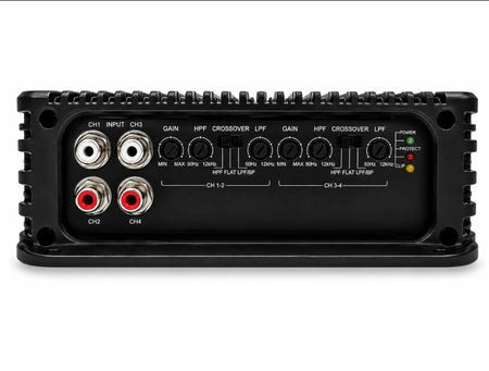 Machete Fight 200.4 amplifier, front view showing RCA inputs, gain and crossover controls