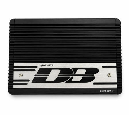 Machete Fight 200.4 amplifier, top view showing finned heatsink and DB logo plate