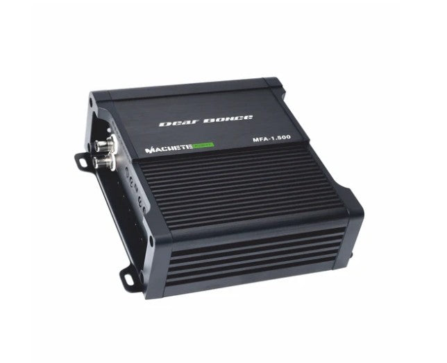 Deaf Bonce Machete monoblock amplifier, angled view showing RCA inputs and heatsink