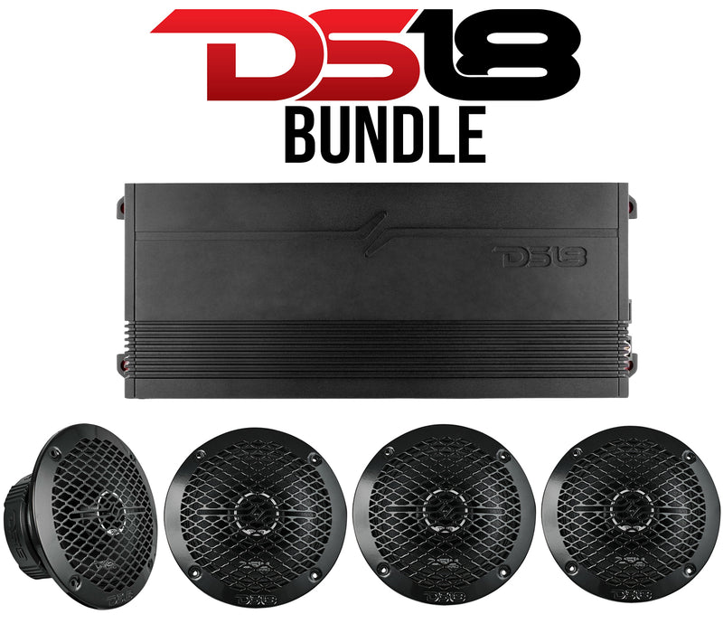 DS18 Car Audio Bundle – 4-Channel 300W RMS Amp + 4× 6.5" 225W RMS Coaxial Speakers with Bullet Tweeters