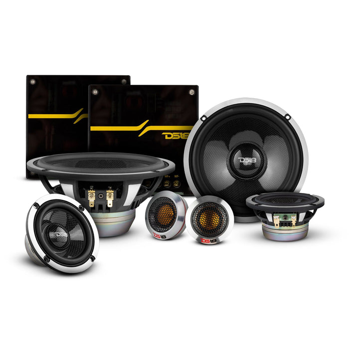 DS18 DX3N Deluxe 6.5” 3-Way Neodymium Premium Car Audio Component Speaker System - 580 Watts, 4 Ohm - Set with Woofer, Midrange, Tweeter, and Crossover (8 Piece Set)