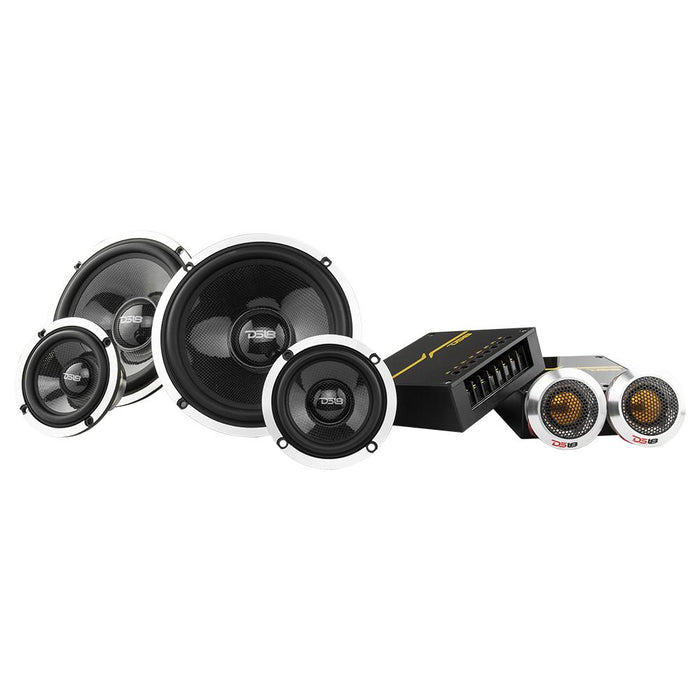 DS18 DX3N Deluxe 6.5” 3-Way Neodymium Premium Car Audio Component Speaker System - 580 Watts, 4 Ohm - Set with Woofer, Midrange, Tweeter, and Crossover (8 Piece Set)