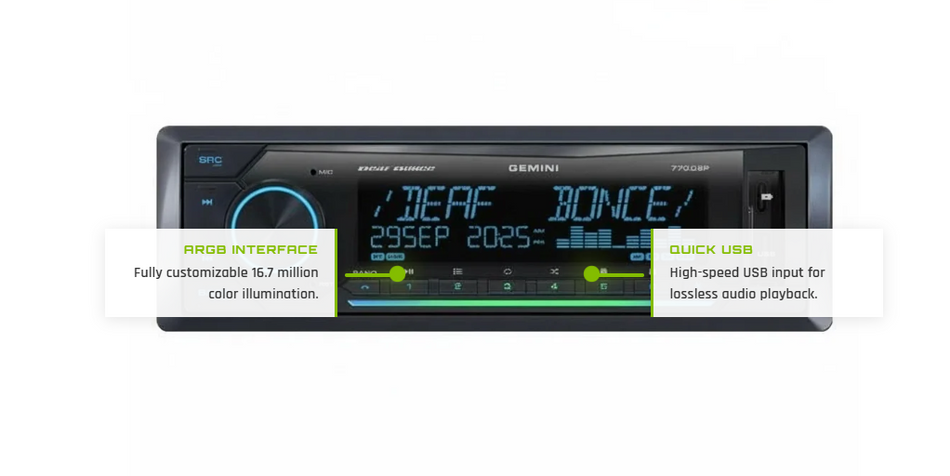 Deaf Bonce Gemini 770DSP Car Stereo Head Unit | Bluetooth 5.3, DSP, 4×25W RMS, USB, ARGB