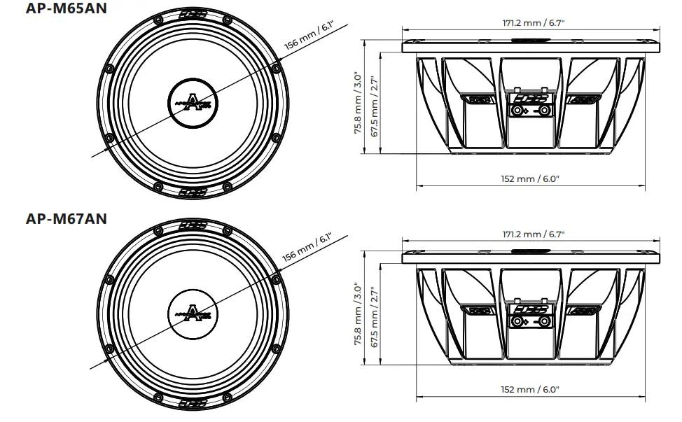 Deaf Bonce Apocalypse AP-M67AN PRO, dimensions diagram showing cone and side depth measurements