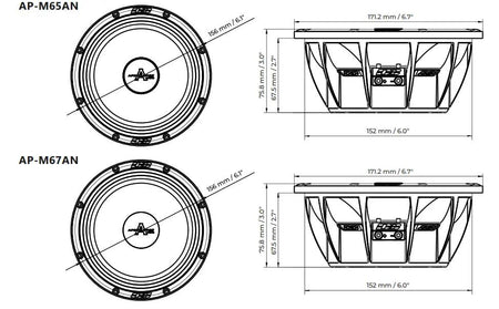 Deaf Bonce Apocalypse AP-M67AN PRO, dimensions diagram showing cone and side depth measurements