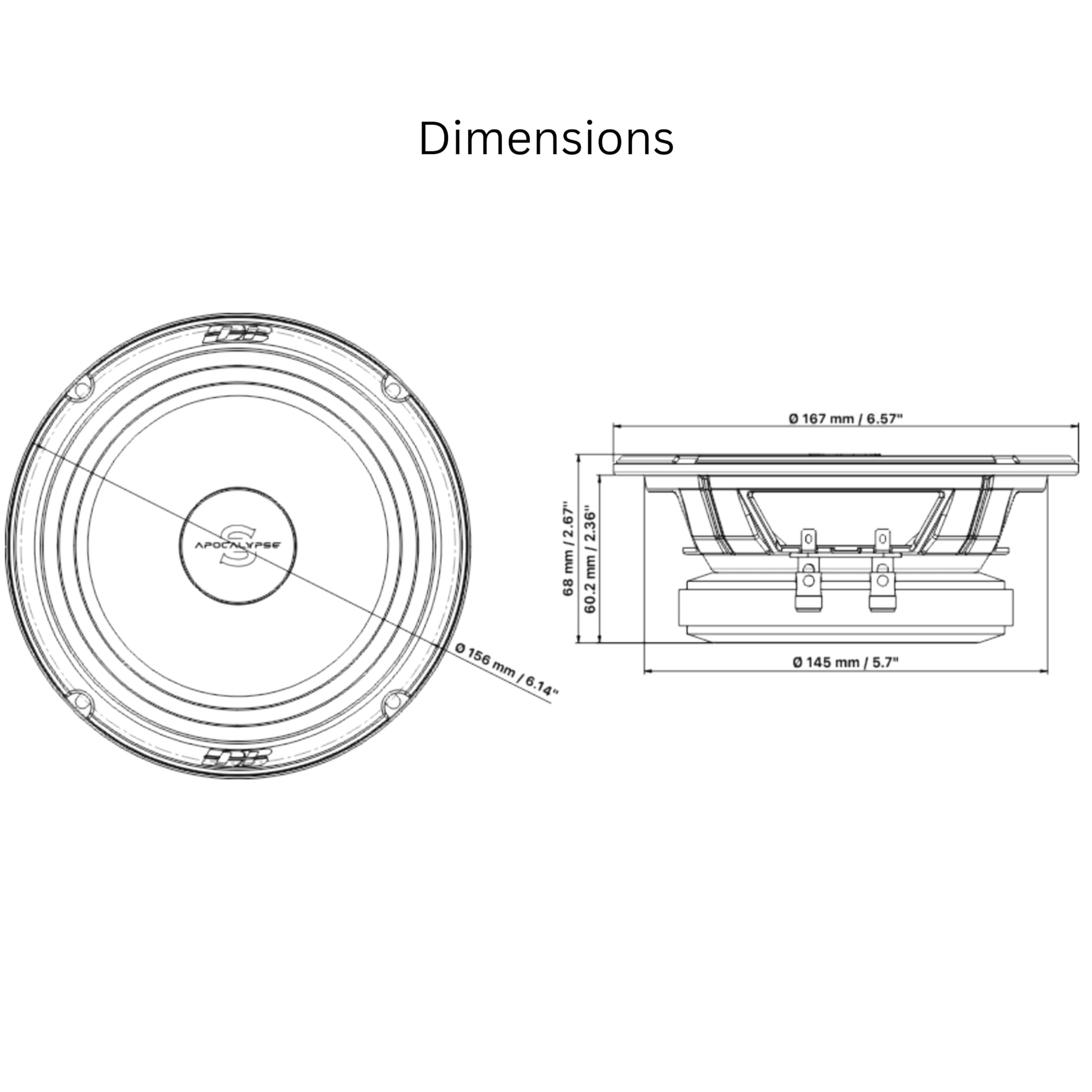 Deaf Bonce Apocalypse AP-M67AN PRO, dimensions diagram showing front and side speaker views