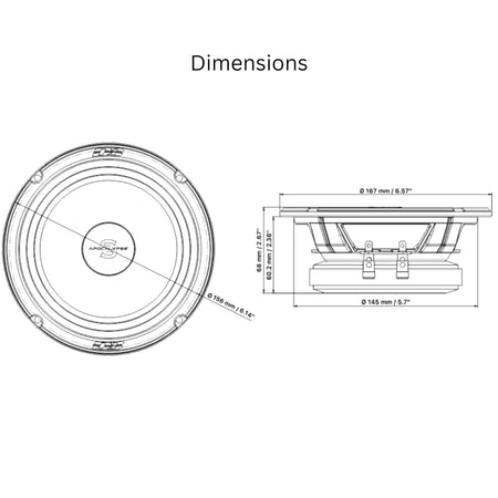 Deaf Bonce Apocalypse AP-M67AN PRO, dimensions diagram showing front and side speaker views