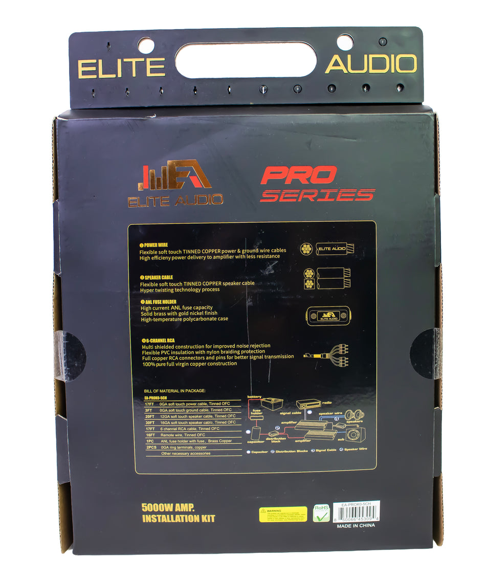 Elite Audio EA-PROK0-5CH Pro Series 0 Gauge 5-Channel Amplifier Installation Kit 5000W Power 6-Channel RCA 100% OFC Copper Wiring