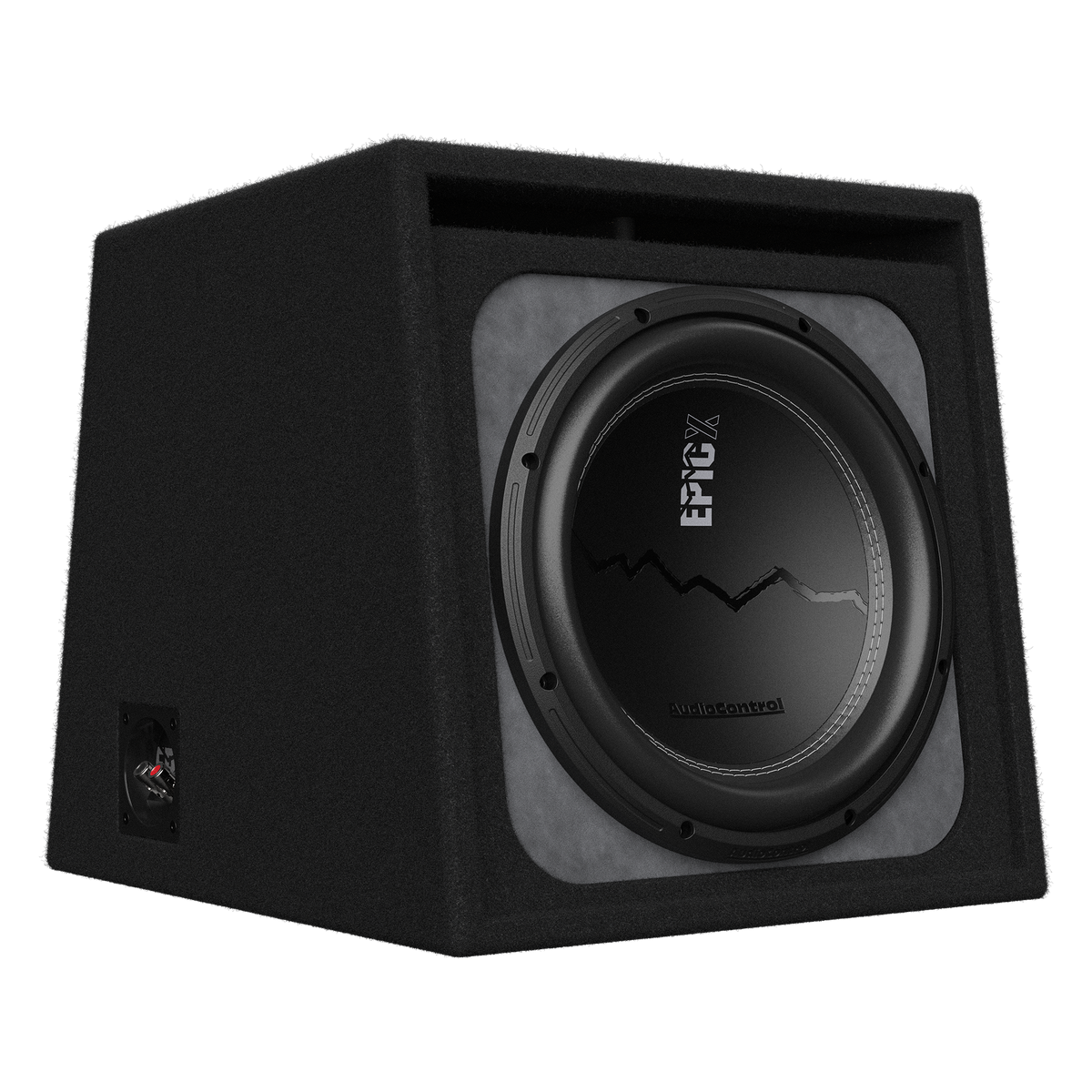 Audio Control EPICXV8, angled view of vented enclosure with subwoofer cone and vent port