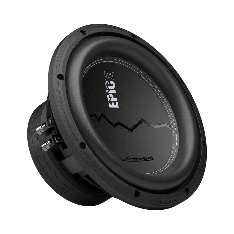 AudioControl EPICX10D4 subwoofer, angled view showing cone, terminals and magnet