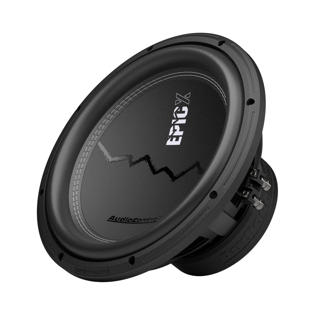 AudioControl EPICX12D4 subwoofer, angled view showing cone, terminals and basket
