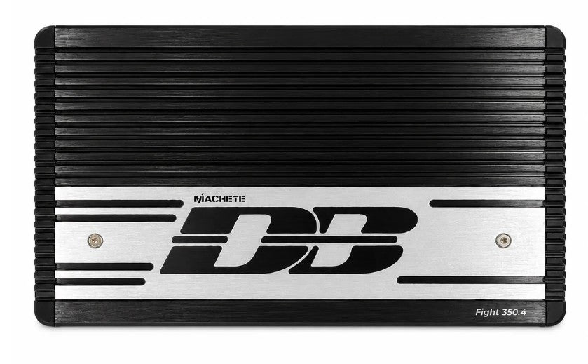 Deaf Bonce Machete Fight 350.4 amplifier, front view with logo plate and heatsink fins