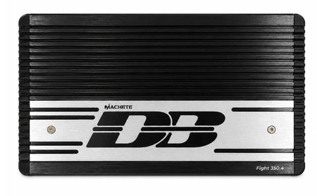 Deaf Bonce Machete Fight 350.4 amplifier, front view with logo plate and heatsink fins