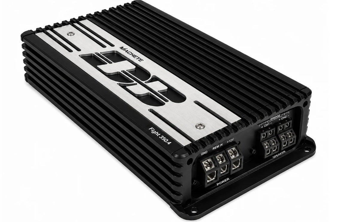 Deaf Bonce Machete Fight 350.4 amplifier, angled view showing terminals and heatsink