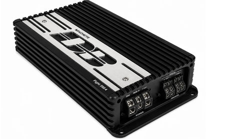 Deaf Bonce Machete Fight 350.4 amplifier, angled view showing terminals and heatsink