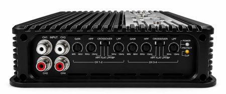 Deaf Bonce Machete Fight 350.4 amplifier, front panel with RCA inputs and dials